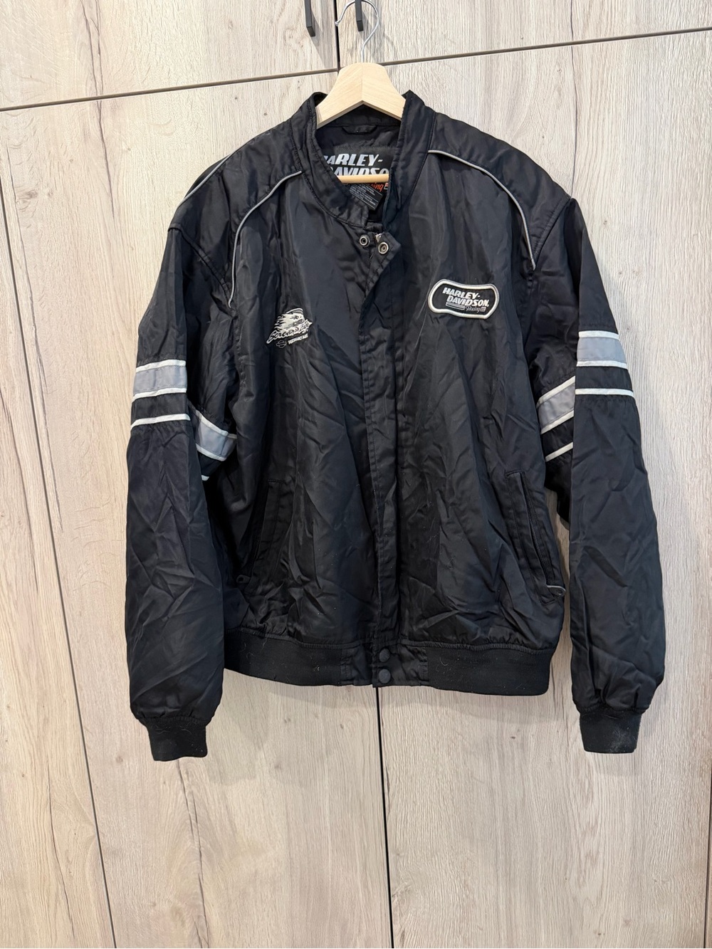 Vintage Harley-Davidson Black Bomber Jacket with Gray Stripes